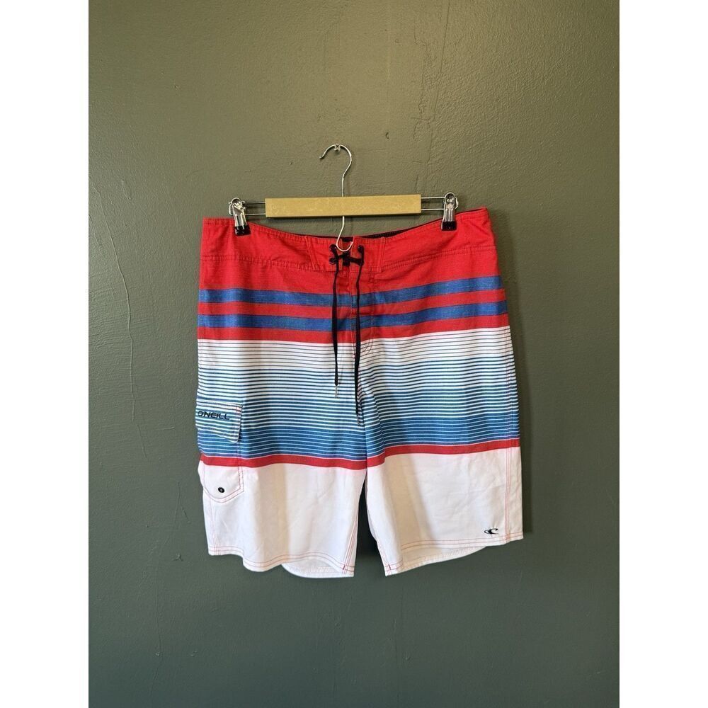 Oneill Mens Red White Blue Board Shorts Swim Beach Size 34